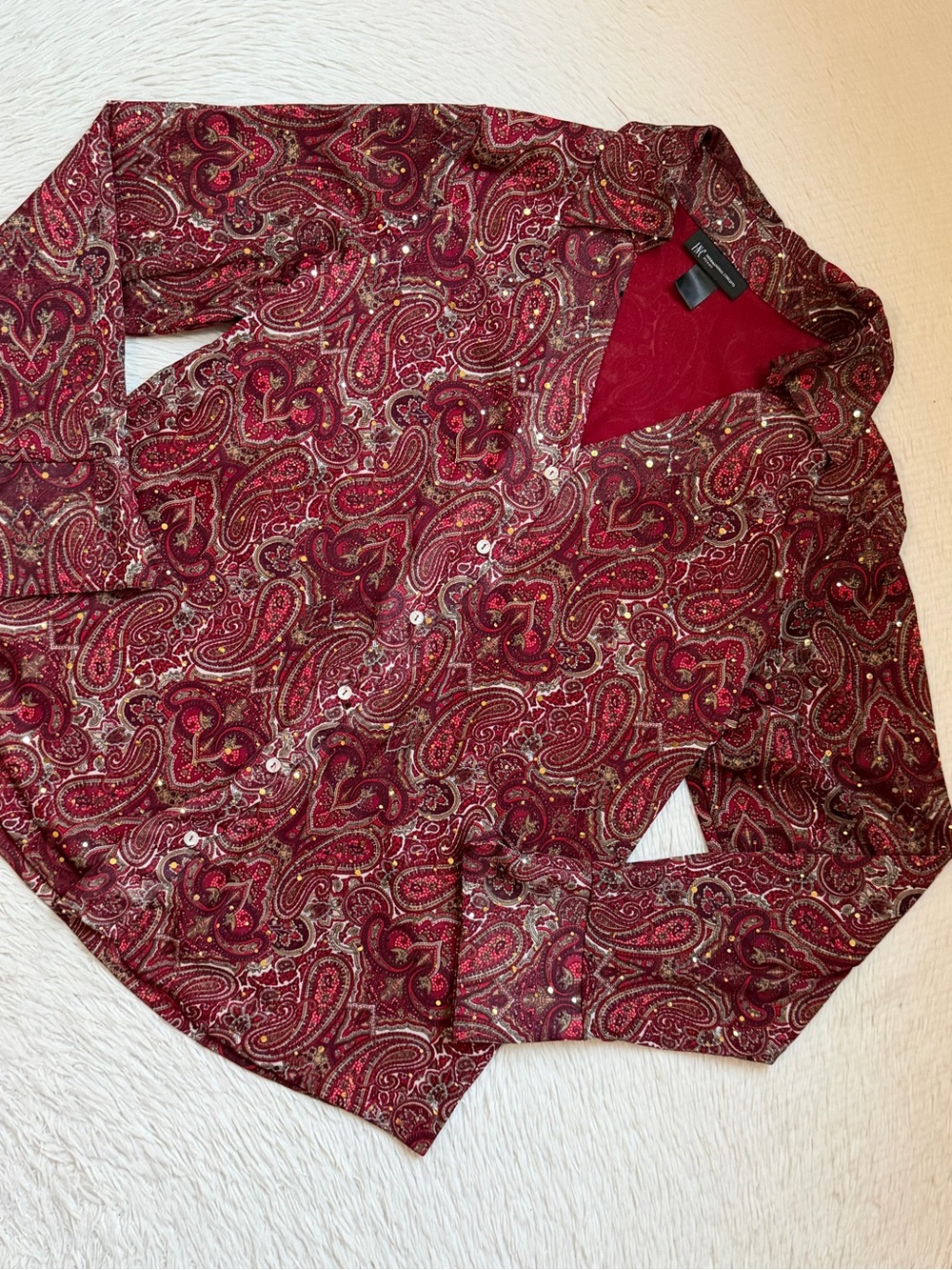 INC International Concepts Paisley Button-Down red burgundy long sleeve top
